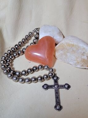 Vintage Silver Beaded Necklace With Cross Upcycled